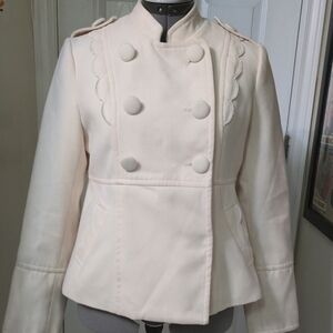 Harajuku Scallop Detailed Cream Double-Breasted Women's Jacket